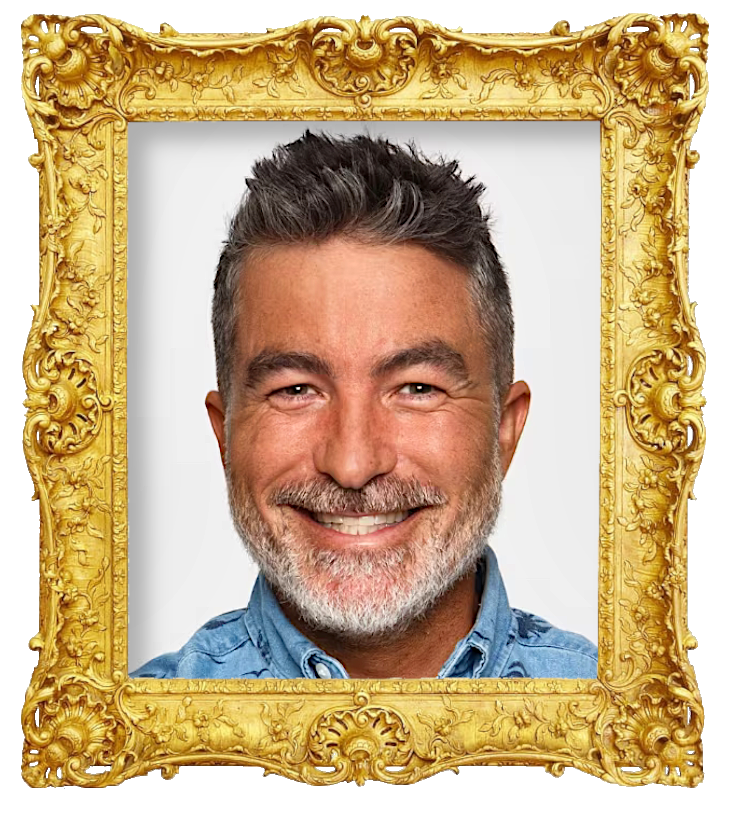Headshot photo of Dai Henwood surrounded with an ornate golden frame.