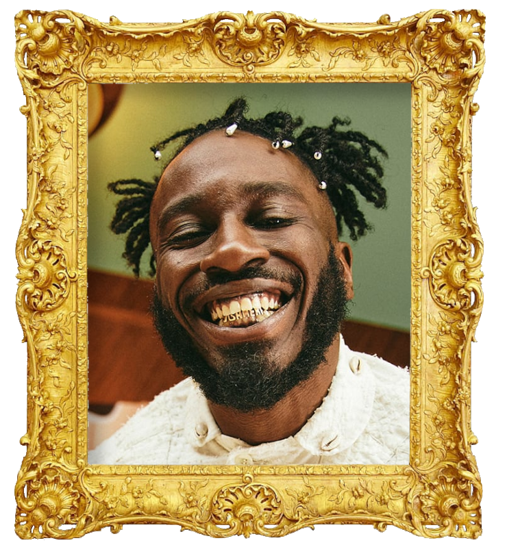 Headshot photo of Kojey Radical surrounded with an ornate golden frame.