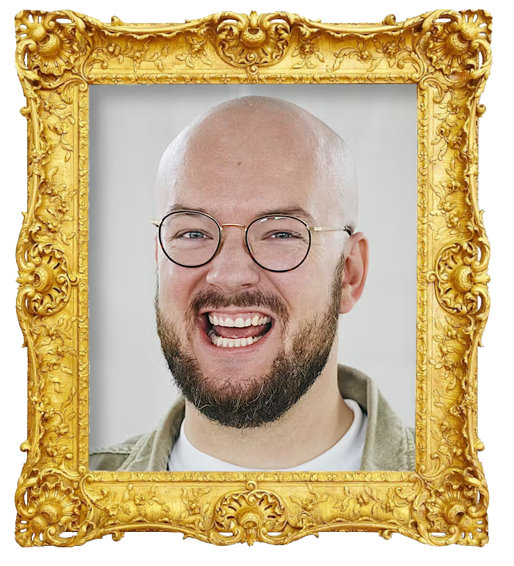 Headshot photo of Mathias Helt surrounded with an ornate golden frame.