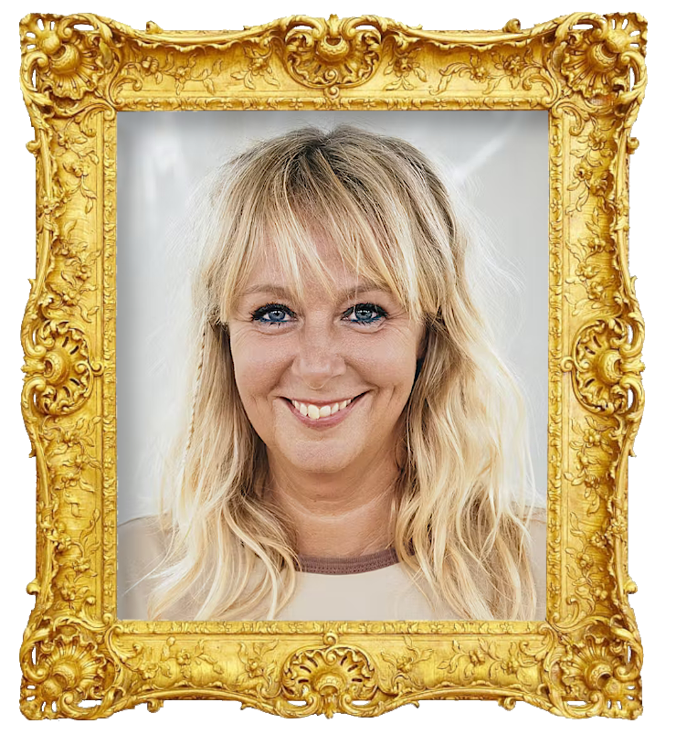 Headshot photo of Puk Elgaard surrounded with an ornate golden frame.