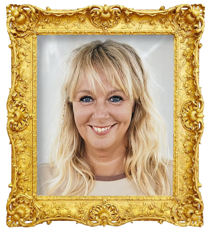 Headshot photo of Puk Elgård surrounded with an ornate golden frame.