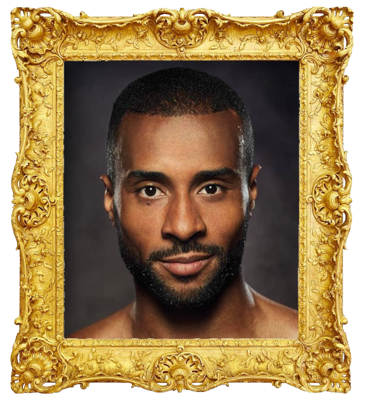 Headshot photo of Nelson Évora surrounded with an ornate golden frame.