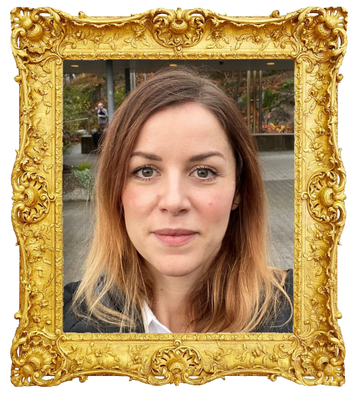 Headshot photo of Marie Agerhäll surrounded with an ornate golden frame.