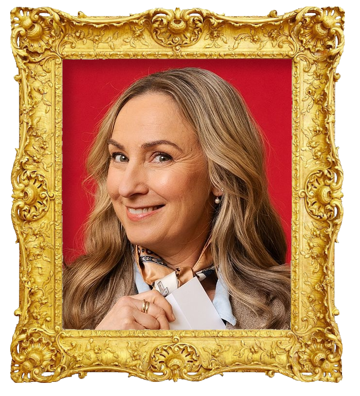 Headshot photo of Lisa McCune surrounded with an ornate golden frame.