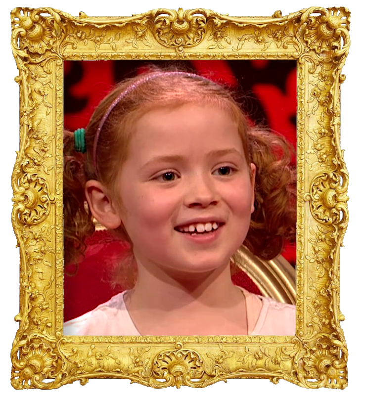 Headshot photo of Maisie surrounded with an ornate golden frame.