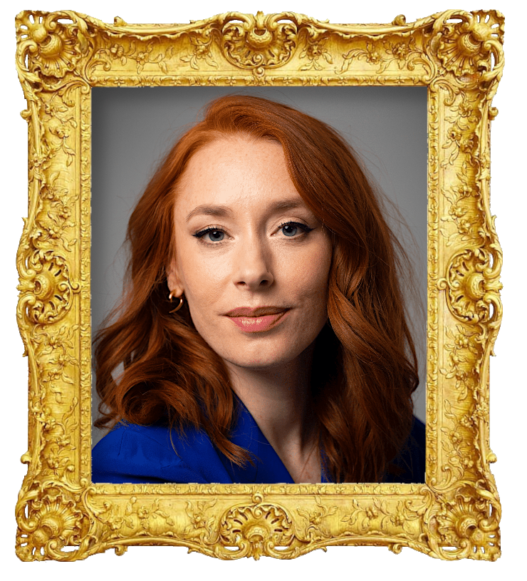 Headshot photo of Hannah Fry surrounded with an ornate golden frame.