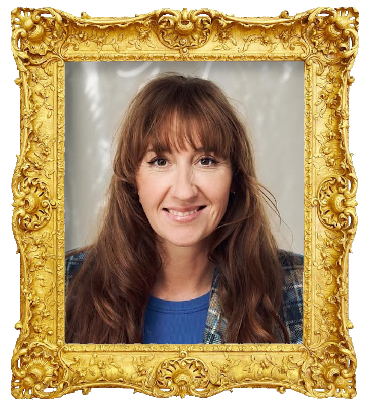 Headshot photo of Mette Søndergaard surrounded with an ornate golden frame.