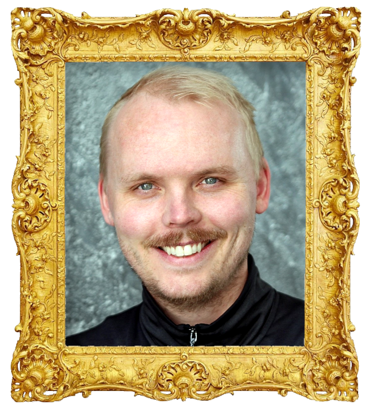 Headshot photo of Alfred Svensson surrounded with an ornate golden frame.