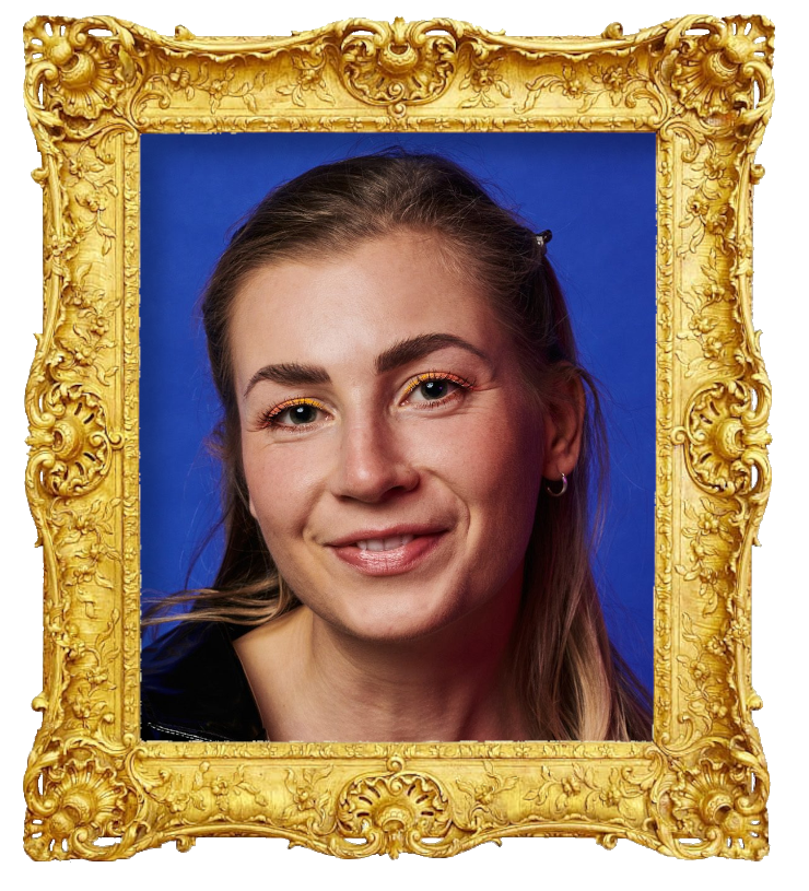 Headshot photo of Karoliina Tuominen surrounded with an ornate golden frame.