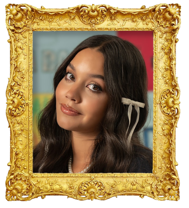 Headshot photo of Mafalda Creative surrounded with an ornate golden frame.