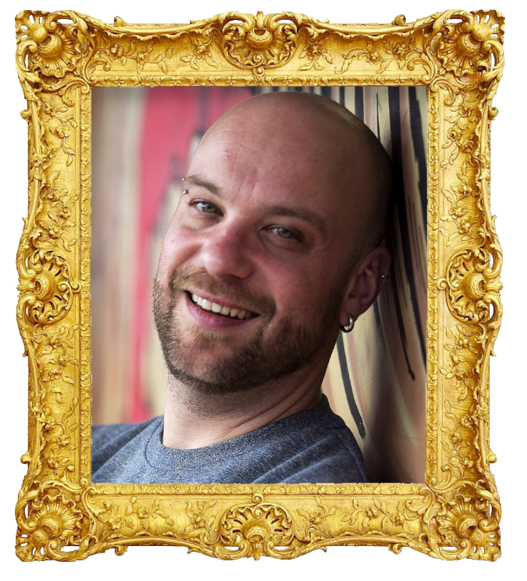 Headshot photo of Hugo Van der Ding surrounded with an ornate golden frame.