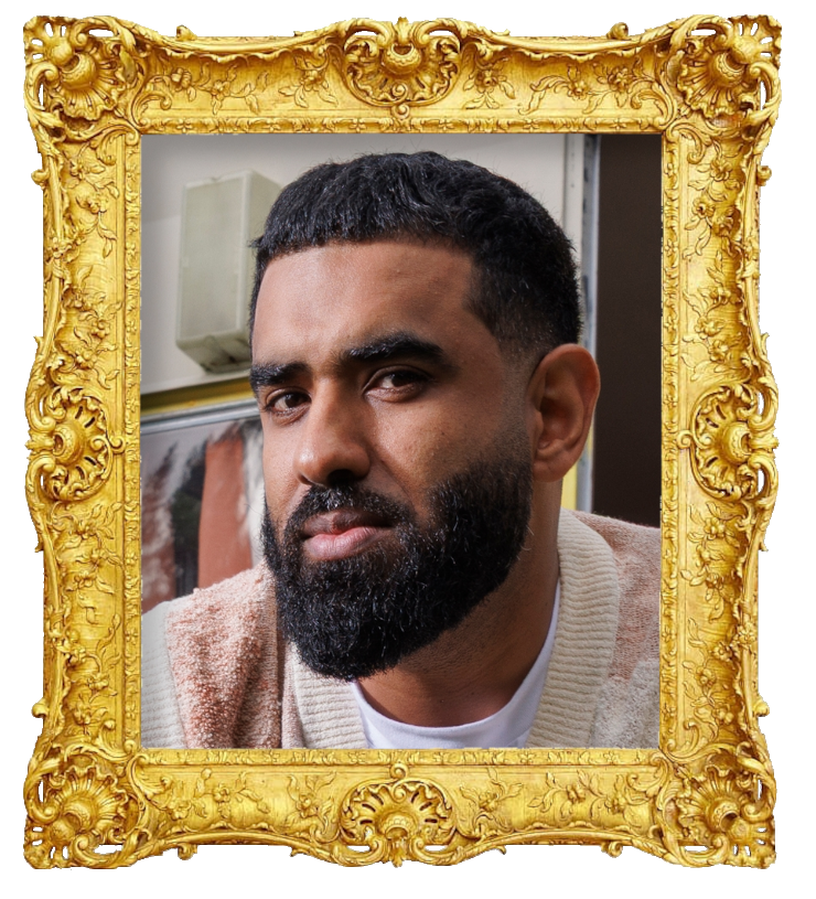 Headshot photo of Pax Assadi surrounded with an ornate golden frame.