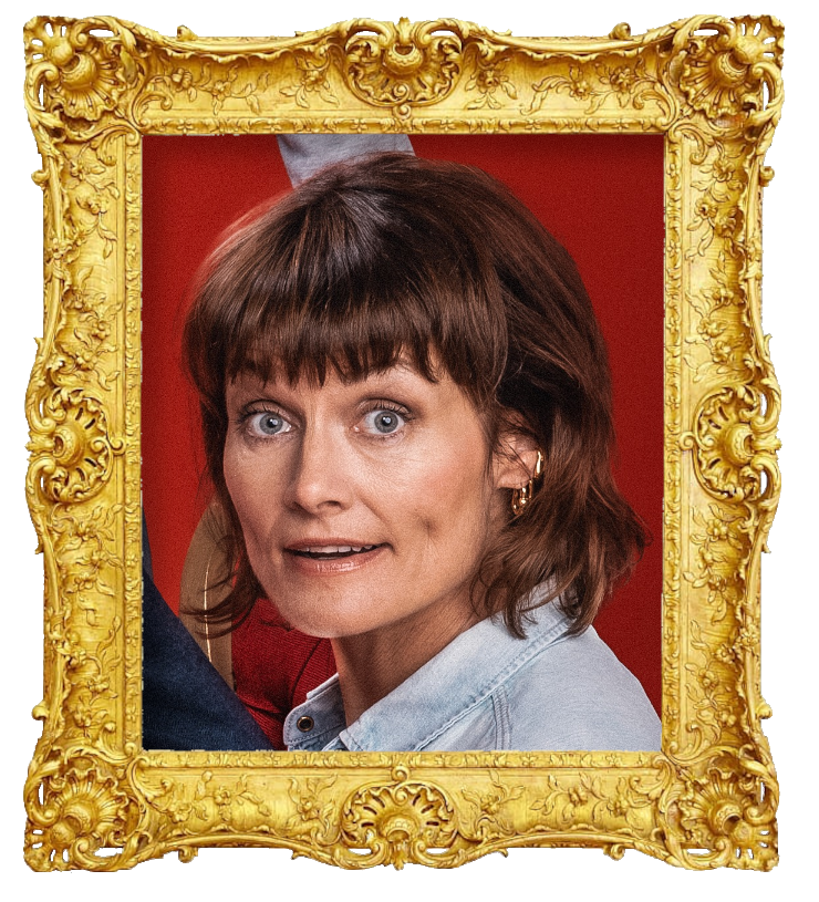 Headshot photo of Pernille Sørensen surrounded with an ornate golden frame.