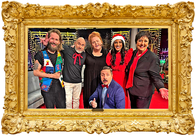 Image of the cast of this festive special episode: Henrik Nyblom, Linnéa Wikblad, Markoolio, Nikki Amini, Babben Larsson, and David Sundin.