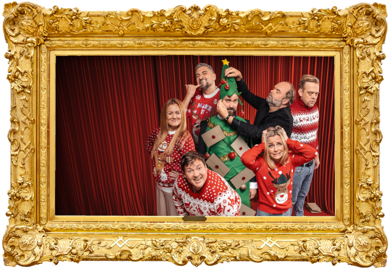Cover image for the 2023 Christmas special of Kongen Befaler, picturing the cast of the special.