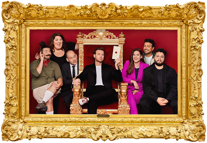 Cover image for the first season of the Quebecois show Le Maître du Jeu, picturing the cast of the season.
