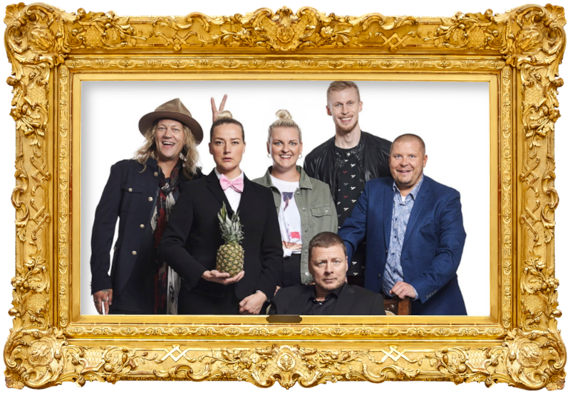 Cover image for the first season of the Finnish show Suurmestari, picturing the cast of the season.