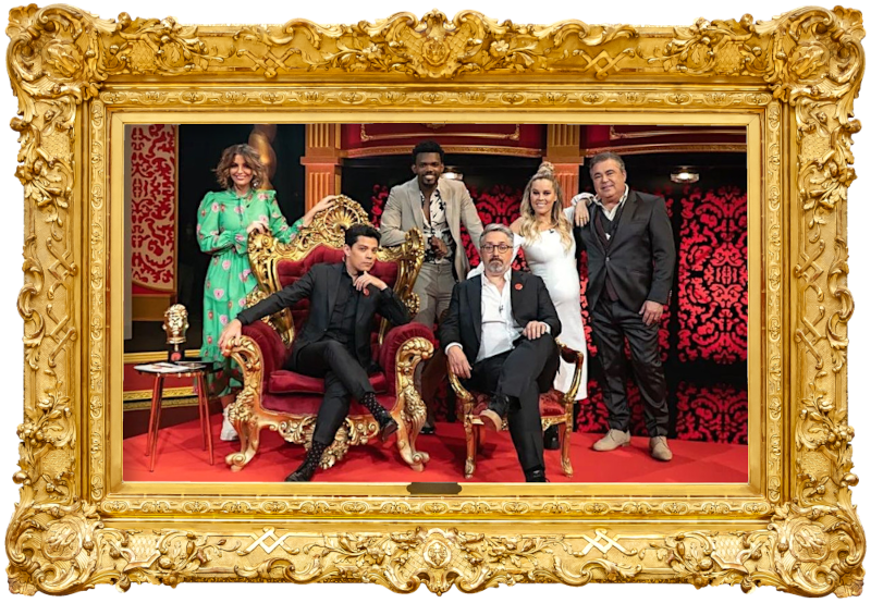 Cover image for the first season of the Portuguese show Taskmaster PT, picturing the cast of the season.