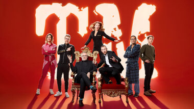 Cover image for the eighth series of the UK show Taskmaster, picturing the cast of the series.