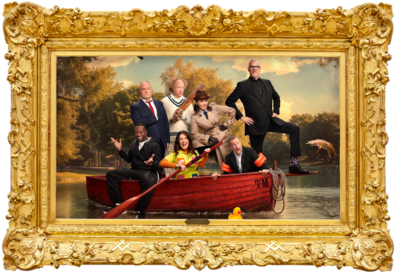 Cover image for the eighteenth series of the UK show Taskmaster, picturing the cast of the series.