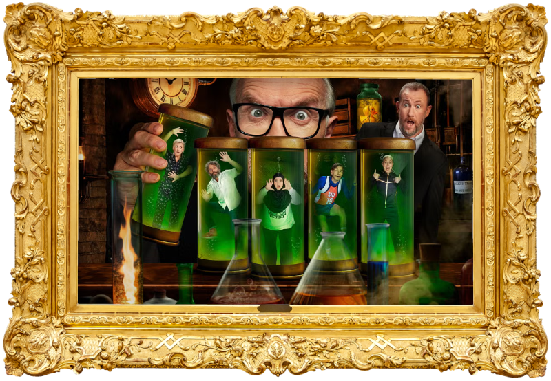 Cover image for the nineteenth series of Taskmaster UK, depicting the contestants trapped within flasks of green liquid, while a giant Greg Davies toys with them in his mad scientist laboratory, and Alex looks on in shock from behind. Cover image for the nineteenth series of Taskmaster UK, depicting the contestants trapped within flasks of green liquid, while a giant Greg Davies toys with them in his mad scientist laboratory, and Alex looks on in shock from behind.