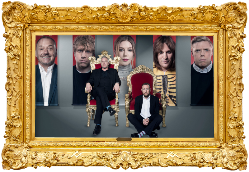 Cover image for the first Champion of Champions special of the UK show Taskmaster, picturing the cast of the special.