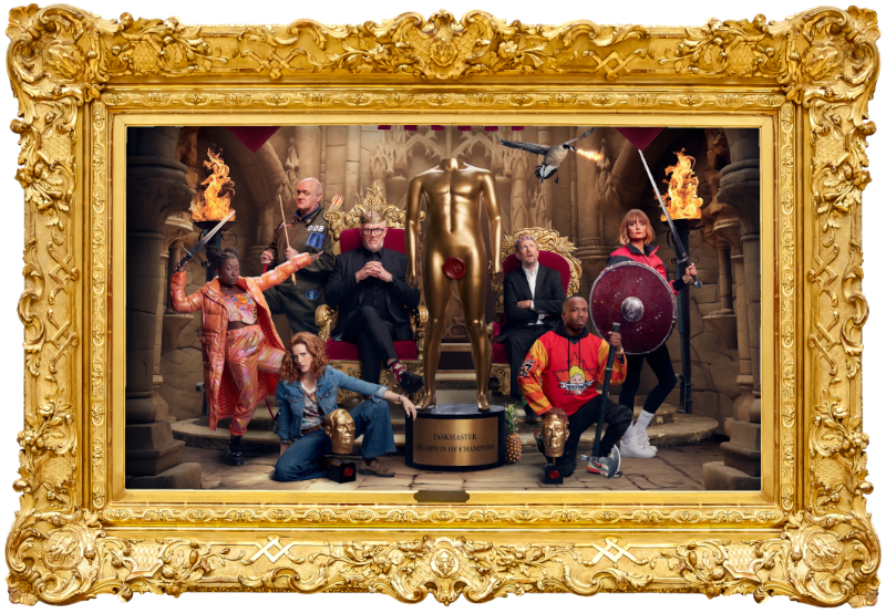 Cover image for the third Champion of Champions special of the UK show Taskmaster, picturing the cast of the special.
