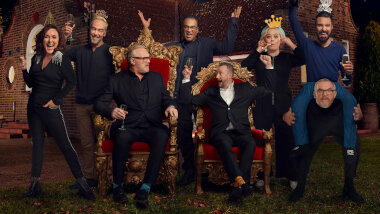 Cover image for the first New Year’s Treat special of the UK show Taskmaster, picturing the cast of the special.