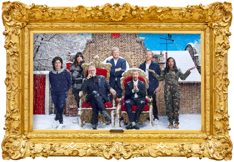 Cover image for the second New Year’s Treat special of the UK show Taskmaster, picturing the cast of the special.