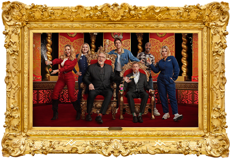 Cover image for the third New Year’s Treat special of the UK show Taskmaster, picturing the cast of the special: Greg Davies, Alex Horne, Amelia Dimoldenberg, Carol Vorderman, Sir Mo Farah, Greg James, and Rebecca Lucy-Taylor (aka 'Self-Esteem').