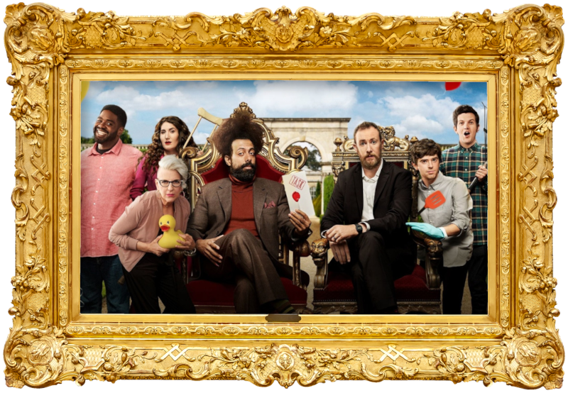 Cover image for the first season of the American show Taskmaster US, picturing the cast of the season.