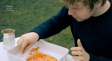 Image of Josh Widdicombe counting spaghetti hoops using a tooth pick.