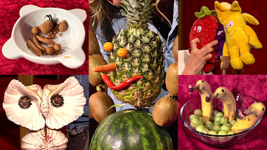 Image of the pool of prize submissions submitted by the contestants in the 'Your finest fruit sculpture' task.
