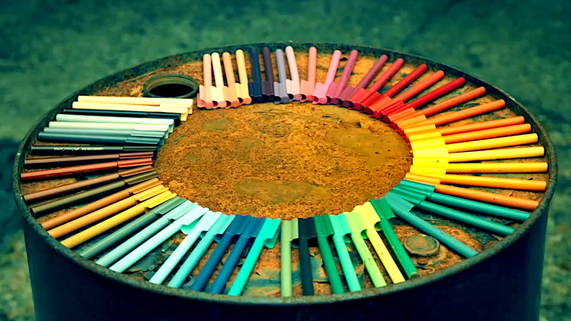 An array of pens that can click together are spread in a circle on the rusty top of a barrel.