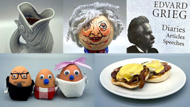 A composite image composed of five sections, featuring: a pitcher-shaped like a fish, a peg doll, a book of the diaries, articles and speeches of Edvard Grieg, three eggs with googly eyes dressed as people, a plate of eggs benedict.