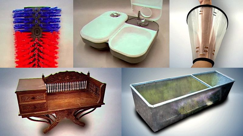A composite image composed of five sections. In each section is a different object brought in for the prize task. Clockwise from the top left the objects are: a blue and red animal scratching brush brought in by Steve Pemberton; a white timed pet feeder bowl brought in by Sophie Willan; a clear plastic neck cone as usually worn by pets after treatment, but it's around a women's arm, brought in by Nick Mohammed; a howdah - a large very ornate wooden chair with drawers, intended for use when riding an elephant - brought in by John Robins; and a metal animal food trough brought in by Joanne McNally. A composite image composed of five sections. In each section is a different object brought in for the prize task. Clockwise from the top left the objects are: a blue and red animal scratching brush brought in by Steve Pemberton; a white timed pet feeder bowl brought in by Sophie Willan; a clear plastic neck cone as usually worn by pets after treatment, but it's around a women's arm, brought in by Nick Mohammed; a howdah - a large very ornate wooden chair with drawers, intended for use when riding an elephant - brought in by John Robins; and a metal animal food trough brought in by Joanne McNally.