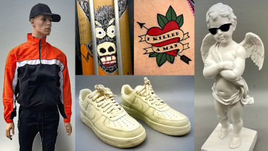 A mannequin wearing an orange and black jumper with black sweatpants (left), a poor picture of a donkey in prison (top middle left), a heart tattoo reading 'I Killed A Man' on Rosie Jones' arm (top middle right), a pair of white Nike Air Force Ones (middle bottom), a statue of a cherub crossing its arms wearing sunglasses (right).