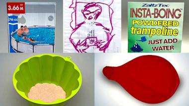 (In reading order, from top to bottom) A package for a big swimming pool, a drawing of the Taskmaster, a package for a powdered trampoline, a jelly mould with jelly powder inside, and a red balloon.
