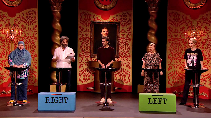 The five contestants standing behind their plinths while Jason reads the task brief. Bins labelled 'left' and 'right' are positioned at the front of the stage.