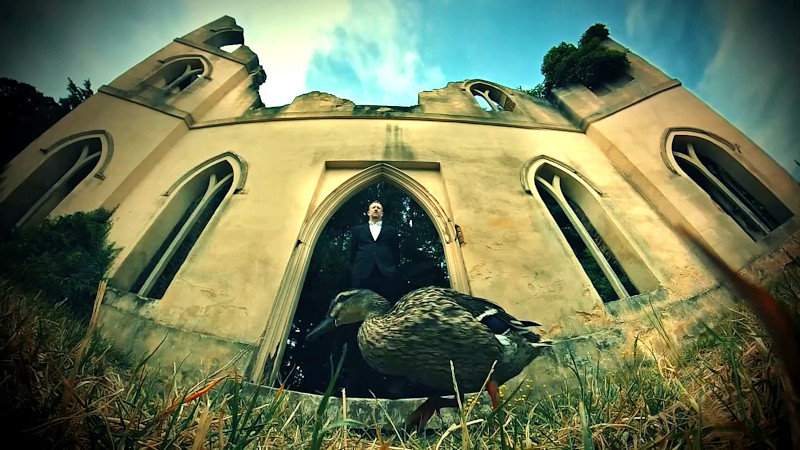 A duck struts in front of Alex Horne, who is stood in the ruins of an abbey.