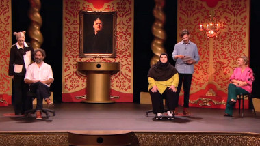 Up on the studio stage, Jason seated in front of Stevie, Fatiha seated in front of Matt, and Rosie seated off the the side.