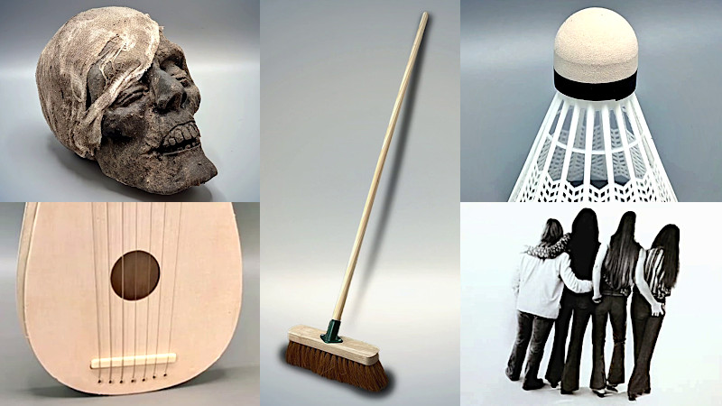 The head of a mummy, the strings of a lyre, a push-broom, a shuttlecock, and the cover of the band Fanny's eponymous album.
