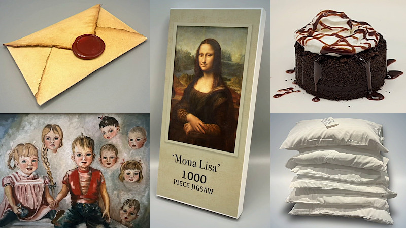An aged envelope, a portrait of two seated children with floating child heads, a Mona Lisa puzzle, a stack of pillows, and a brownie.