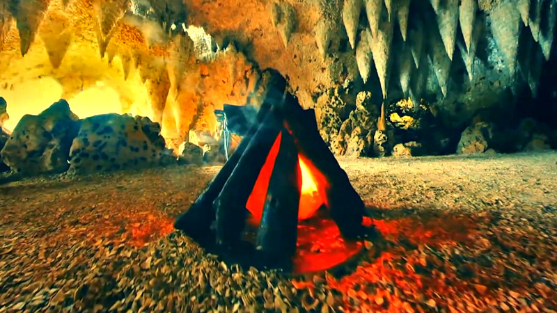 A child's pretend campfire in a grotto.