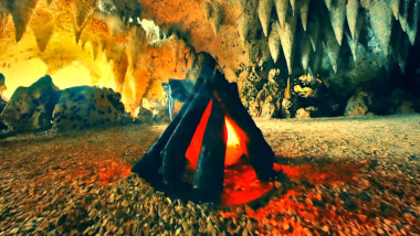 A child's pretend campfire in a grotto.