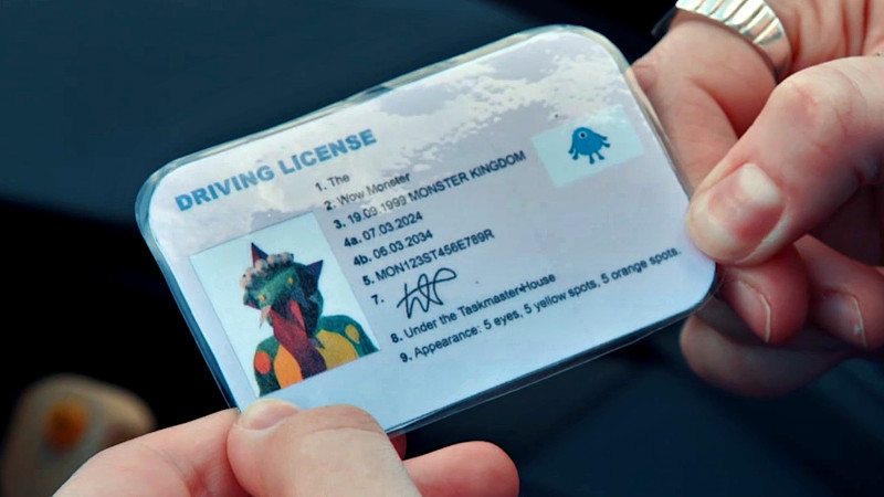 The Monster's driving license, showing that his name is the Wow Monster, and that he lives under the house.