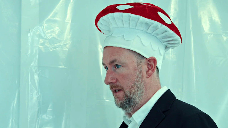 Alex Horne in the lab wearing a toadstool hat.