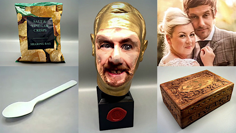 Salt and vinegar crisps, a white spoon, a wedding photo of Rosie and drunk Chris Ramsey, an antique jewellery box, and Alex's face stuck onto the trophy of Greg's head.