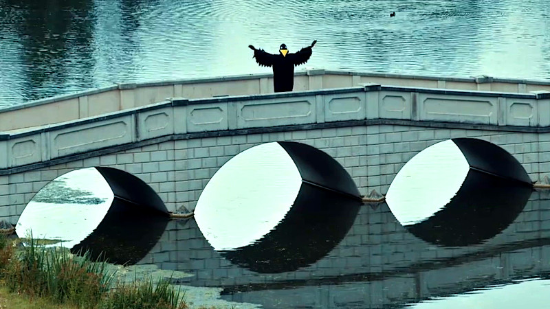 A person in a crow costume flapping their wings on a bridge.