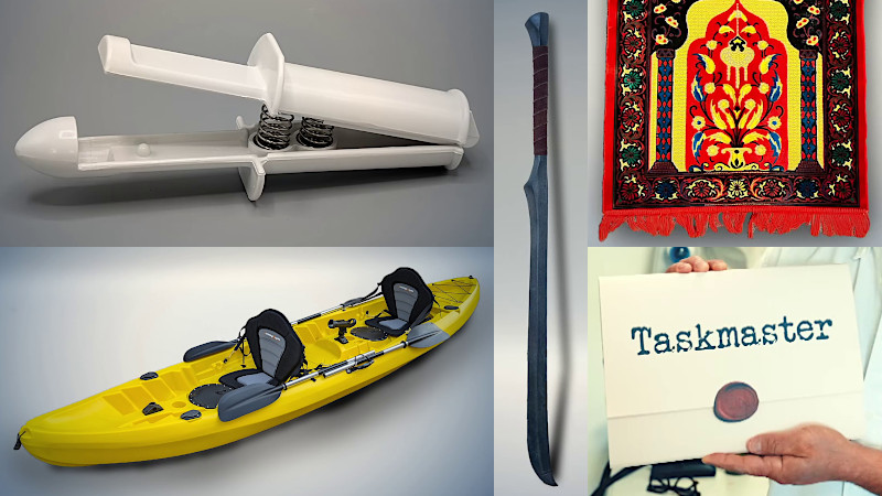 A pelvic floor exerciser, a yellow canoe, a prayer rug, a Taskmaster pop-up book, and a Lord of the Rings sword.